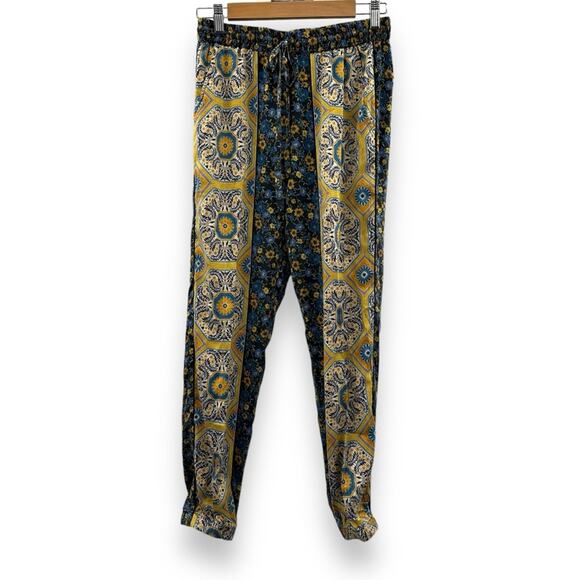 Johnny Was Silk Blend Gray Yellow Blue‎ Floral Paisley Drawstring Pants Sz S - Picture 1 of 10